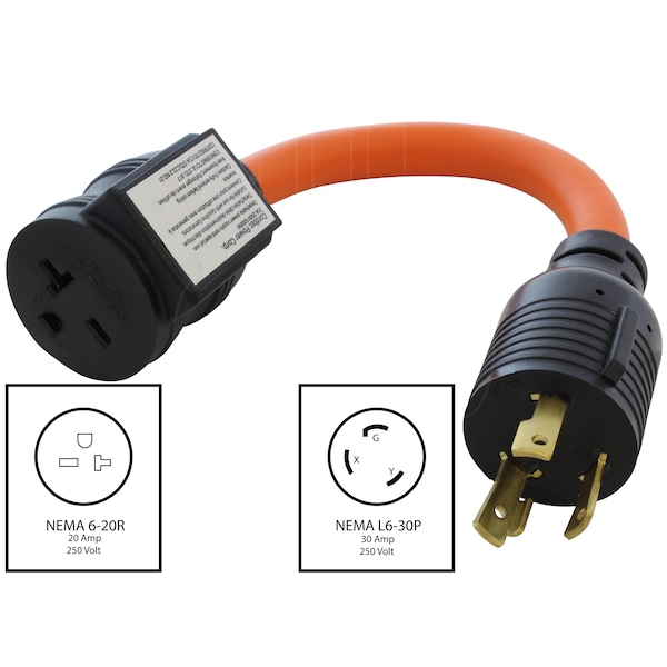 Ac Works 1FT 30A 3-Prong L6-30P Locking Plug to 6-15/20 Outlet with 20A Breaker - L630CB620