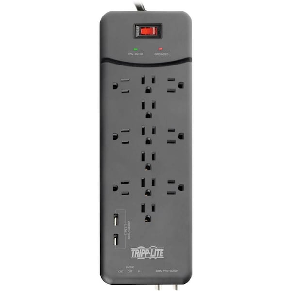 Tripp Lite Surge Protector Power Strip 12 Outlet 2 USB Ports Tel/Modem/Coax - TLP128TTUSBB