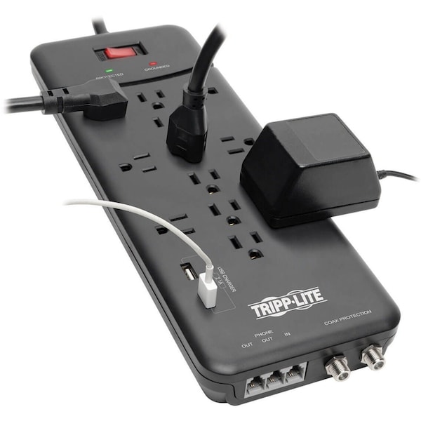 Tripp Lite Surge Protector Power Strip 12 Outlet 2 USB Ports Tel/Modem/Coax - TLP128TTUSBB