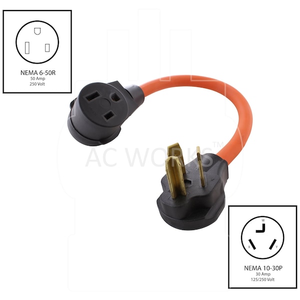 Ac Works NEMA 10-30 3-Prong Dryer Plug to 6-50 Welder Adapter - WD1030650-018