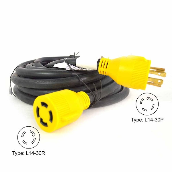 Superior Electric Generator Extension Cord NEMA L14-30P 30 Amp 4 Pole SJTW NEMA L14-30R 10AWG/4, 40ft - RVA1557