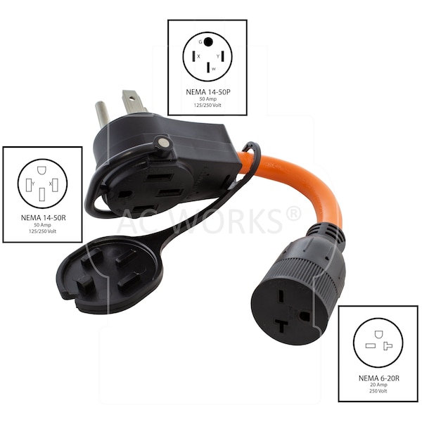 Ac Works 1FT 50A 14-50 Piggy-Back Plug with 6-20R Connector Adapter Cord - PB1450620