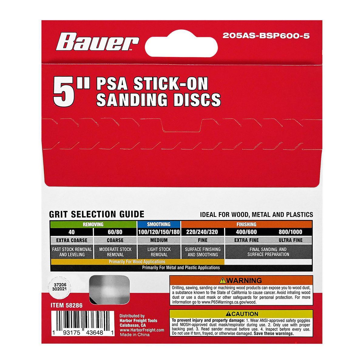 Discos de Lijado Bauer de 5 pulgadas, 600 Grit PSA con Grano de Óxido de Aluminio, Paquete de 5 - 58286