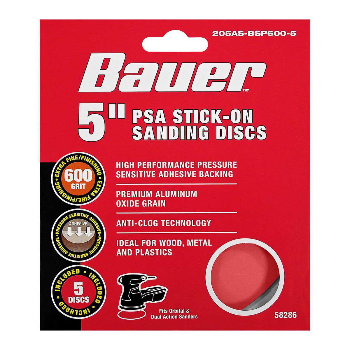 Discos de Lijado Bauer de 5 pulgadas, 600 Grit PSA con Grano de Óxido de Aluminio, Paquete de 5 - 58286