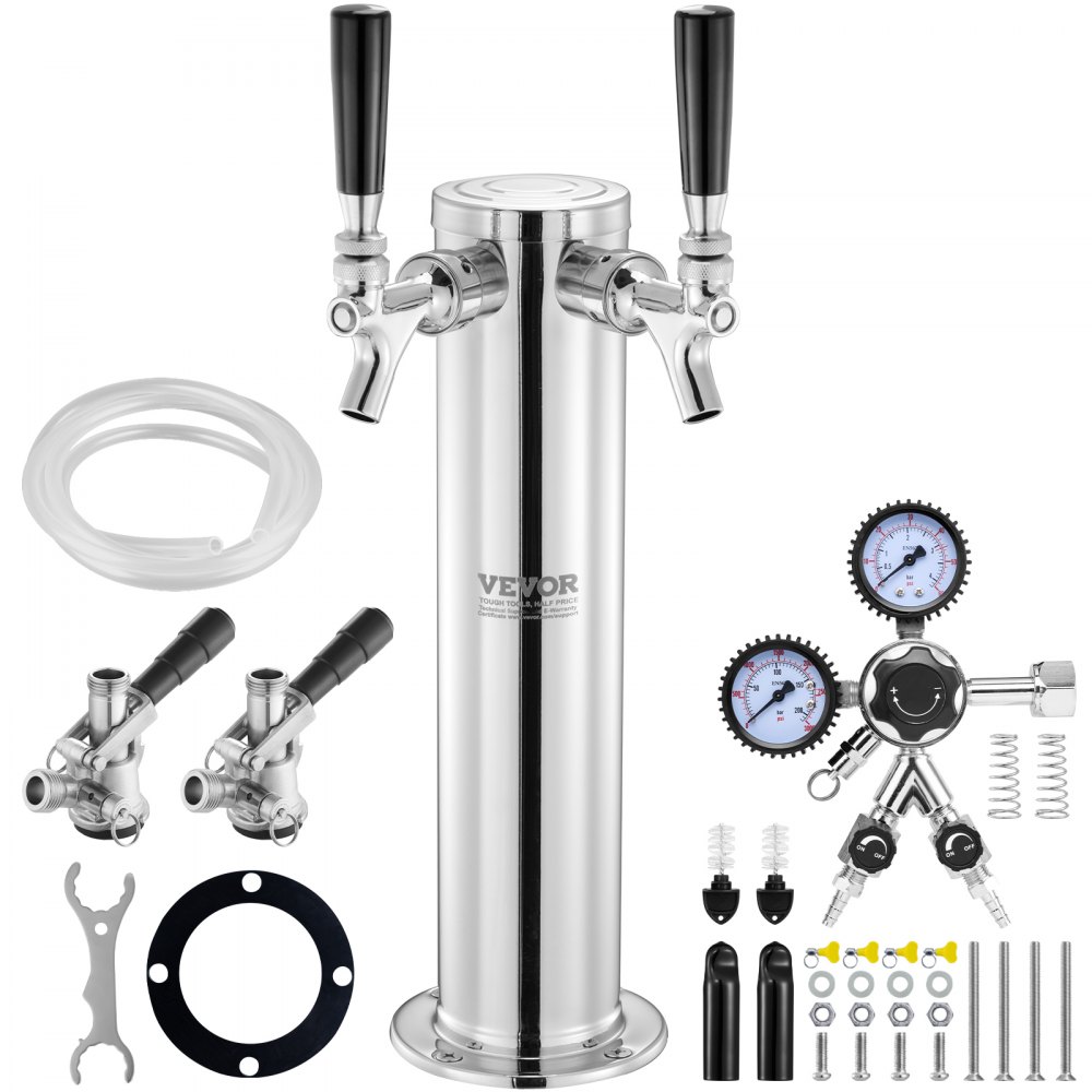 VEVOR Kegerator Tower Kit, Dual Taps Beer Conversion Kit, Stainless Steel Keg Beer Tower Dispenser with Dual Gauge CGA320 Regulator & D-System Keg Coupler, Self-Closing Spring for Party Bar Home - LTJZSLTSBDYQ26KMQV0