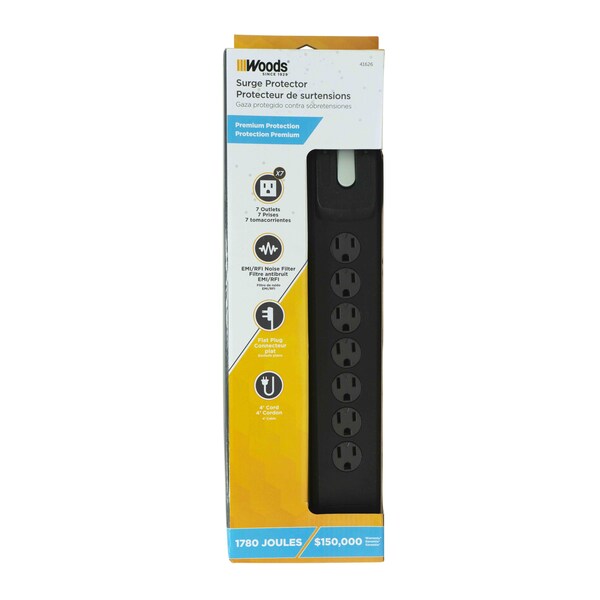 Woods 7 outlet surge strip, 1780J, 4FT cord w/flat plug and safety covers - 41626