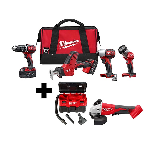 Milwaukee Tool M18 4PC Combo Kit, M18 Vac, M18 Grinder - 2695-24, 0880-20, 2686-20
