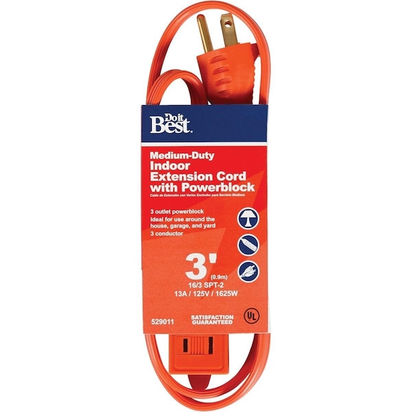All-Source Extension Cord, 16 AWG, Indoor, 16/3, 3 Outlets, 3 ft - OP-PT2163-3-OR