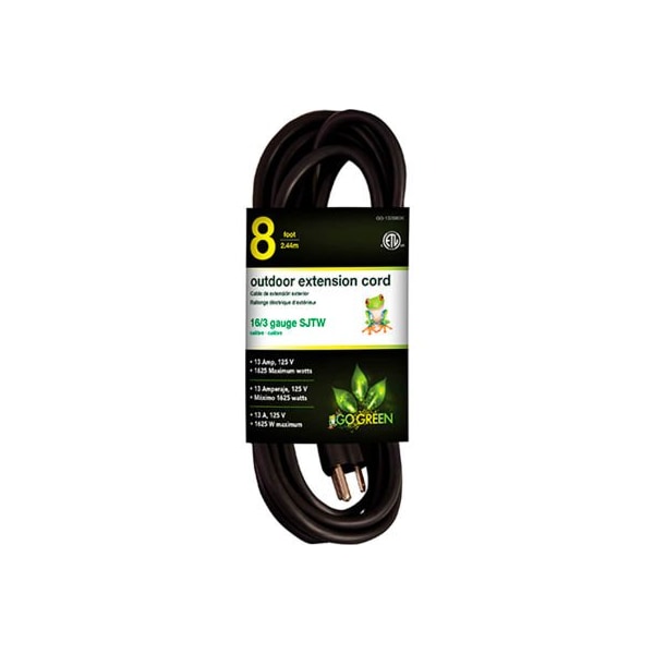 Gogreen SJTW Extension Cord, 16 AWG, Outdoor, 16/3, 8 ft - GG-13708BK