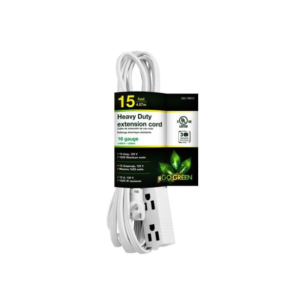 Gogreen Extension Cord, 16 AWG, Indoor, 16/3, 3 Outlets, 15 ft - GG-19615