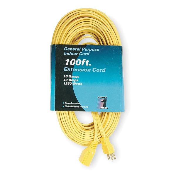 Power First SPT-2 Extension Cord, 16 AWG, Indoor, 16/3, 1 Outlets, 5-15R, Yellow, PVC, 5-15P, 100 ft - 1FD60