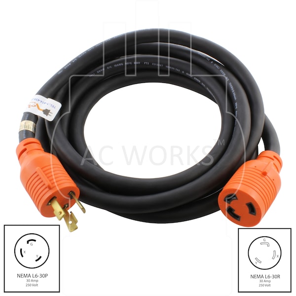 Ac Works SOOW; Cold Weather Extension Cord, 10 AWG, Indoor/Outdoor, 10/3, 1 Outlets, Black, Rubber, Nylon - L630PR-010