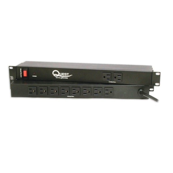 Quest Mfg Horizontal Rack Mount Surge Strip, 10 Outlets, 120V/15A, 1U, 19", Black - HPS-E10A