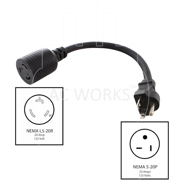 Ac Works 1FT NEMA 5-20P 20A 125V Plug to Locking 20 Amp L5-20R Female Connector - S520L520-012