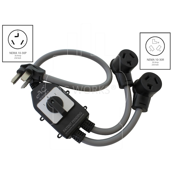 Ac Works Safety Switch Y-Cable 30A 3-Prong Dryer Plug to 2 3-Prong Dryer Connectors - EVY1030SW-036