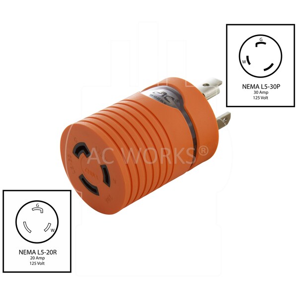 Ac Works Locking Adapter L5-30P 30A 125V Locking Plug - L5-20R 20Amp 3-Prong Connector - ADL530L520