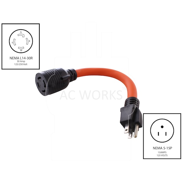 Ac Works 1FT 15-Amp Household Plug to L14-30R 30A 125/250V 4-Prong Connector - S515L1430-012