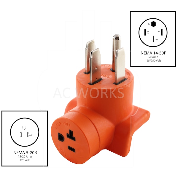 Ac Works Plug Adapter 14-50P 50A Outlet to Household 15/20 A T-Blade Connector - AD1450520