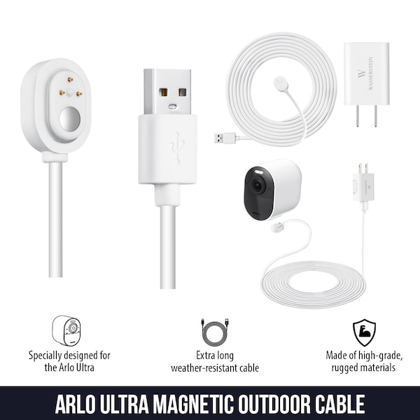 Wasserstein Charging Cable, 6ft, with Charge Adapter, Weatherproof, for Arlo Ultra/Ultra 2/Pro 3/Pro 4, White - ArloUltraOutCaQC6ftWhtUS