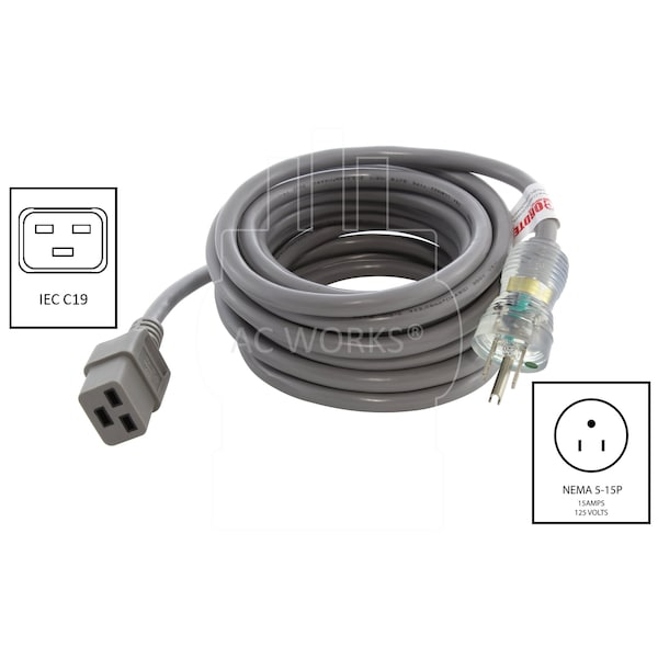 Ac Works 20ft 14/3 15A Medical Grade Power Cord With IEC C19 Connector - MD15AC19-240