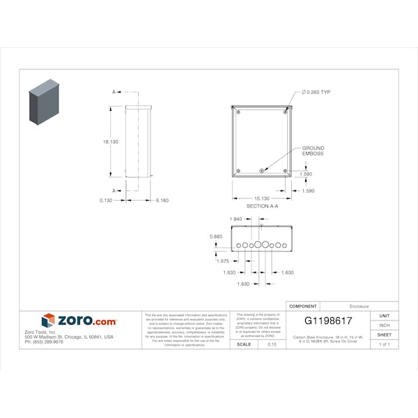 Wiegmann Carbon Steel Electrical Enclosures, 18 in H, 6 in D, 15 in W, NEMA 3R, Screw On - RSC151806