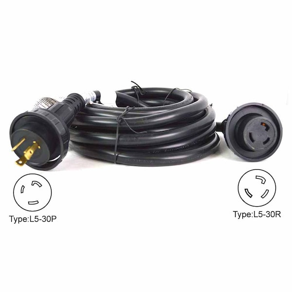 Superior Electric Shore Power Extension Cord NEMA L5-30P 30 Amp STOW NEMA L5-30R 10AWG/3, 25ft - RVA1558