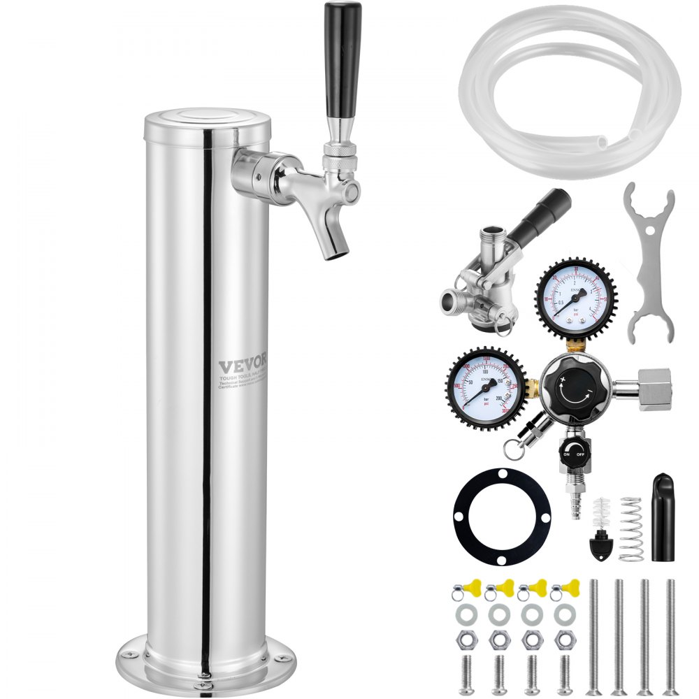 VEVOR Kegerator Tower Kit, Single Tap Beer Conversion Kit, Stainless Steel Keg Beer Tower Dispenser with Dual Gauge CGA320 Regulator & D-System Keg Coupler, Self-Closing Spring for Party Bar Home - LTJZDLTSBDYQ41HKOV0
