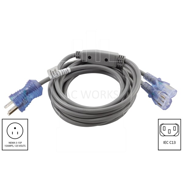Ac Works 10A 10FT 18/3 Medical Hospital Grade Y Power Cord with 2 IEC C13 - MD115-Y