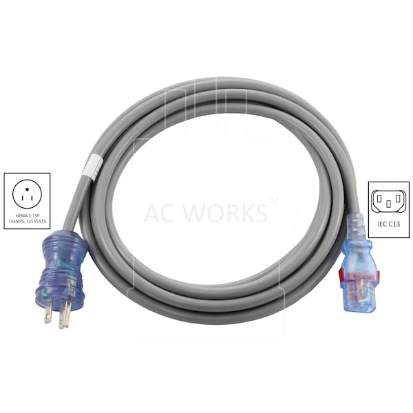 Ac Works 15ft 15 Amp 125 Volt 14/3 Medical-Hospital Grade Power Cord with Locking IEC C14 - MD15AC13-180AL