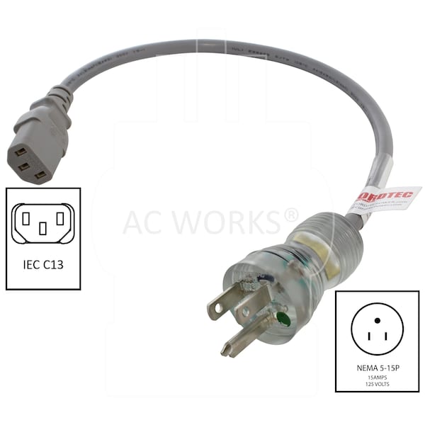 Ac Works 1.5ft 13A 16/3 Medical Grade Power Cord With IEC C13 Connector - MD13AC13-018