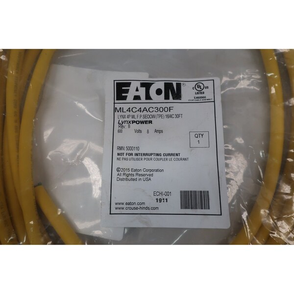 Eaton Ml4C4Ac300F Lynx 4P Ml F P Seoow 16/C 30Ft 600V-Ac Cordset Cable - ML4C4AC300F