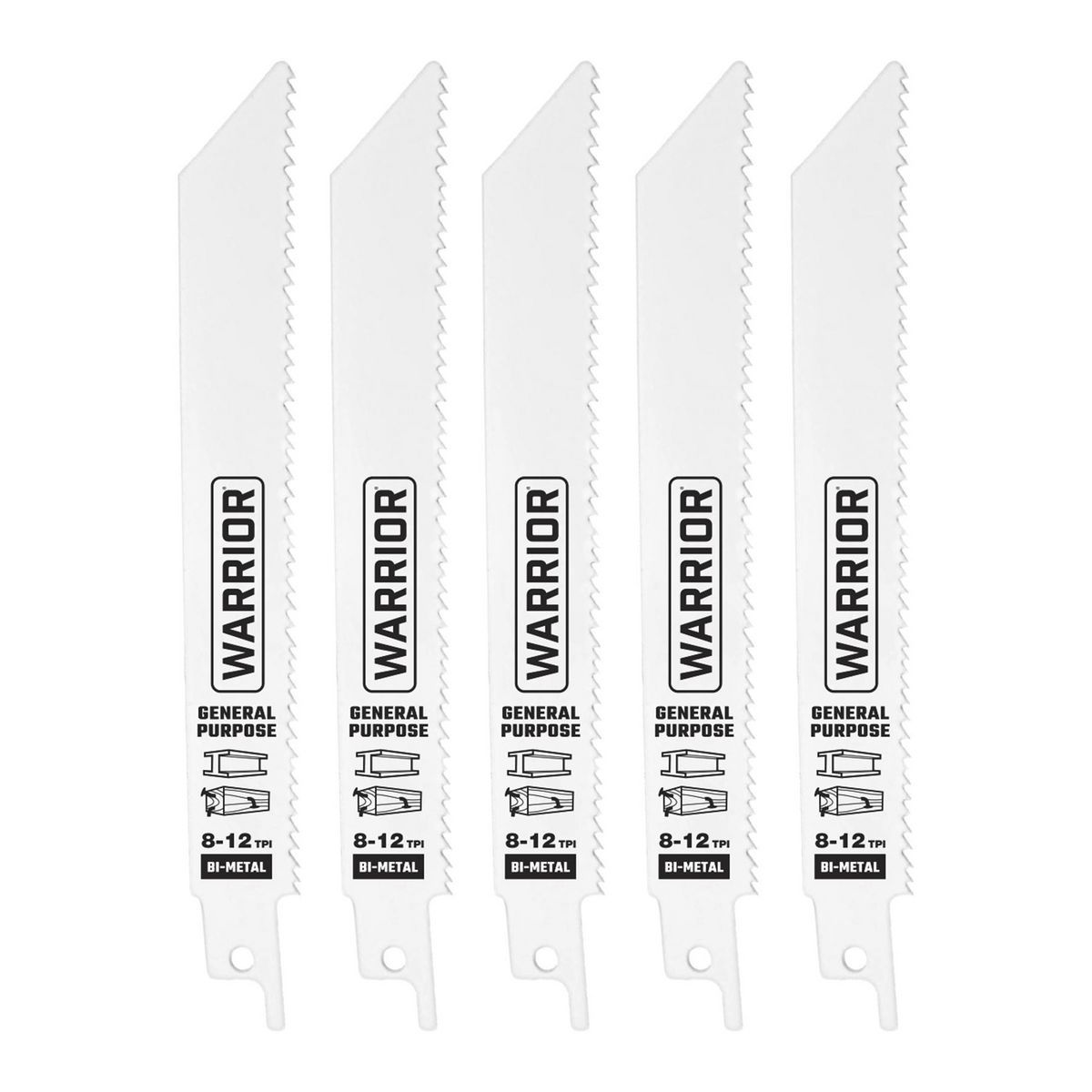 Cuchillas de sierra alternativa bimetálicas Warrior de 6 pulgadas, 8-12 TPI de uso general / demolición, paquete de 5 - 68032