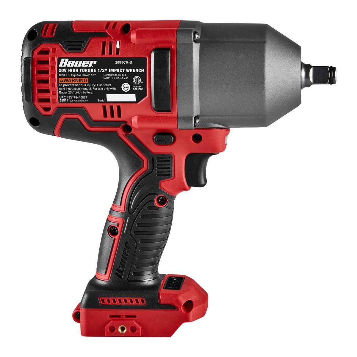 Llave de impacto inalámbrica sin escobillas de 20V Bauer de 1/2 pulgadas de alto torque - Solo la herramienta - 58514