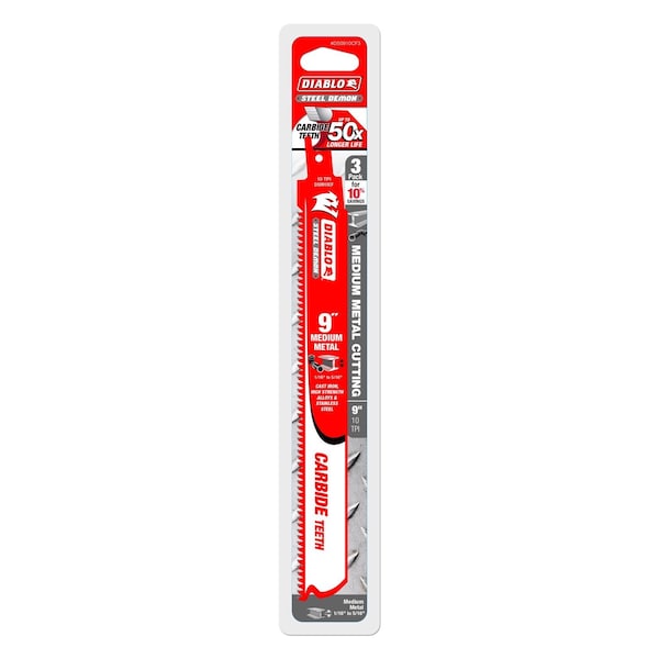 Diablo Steel Demon 9 in. Carbide Reciprocating Saw Blade 10 TPI 3 pk - DS0910CF3
