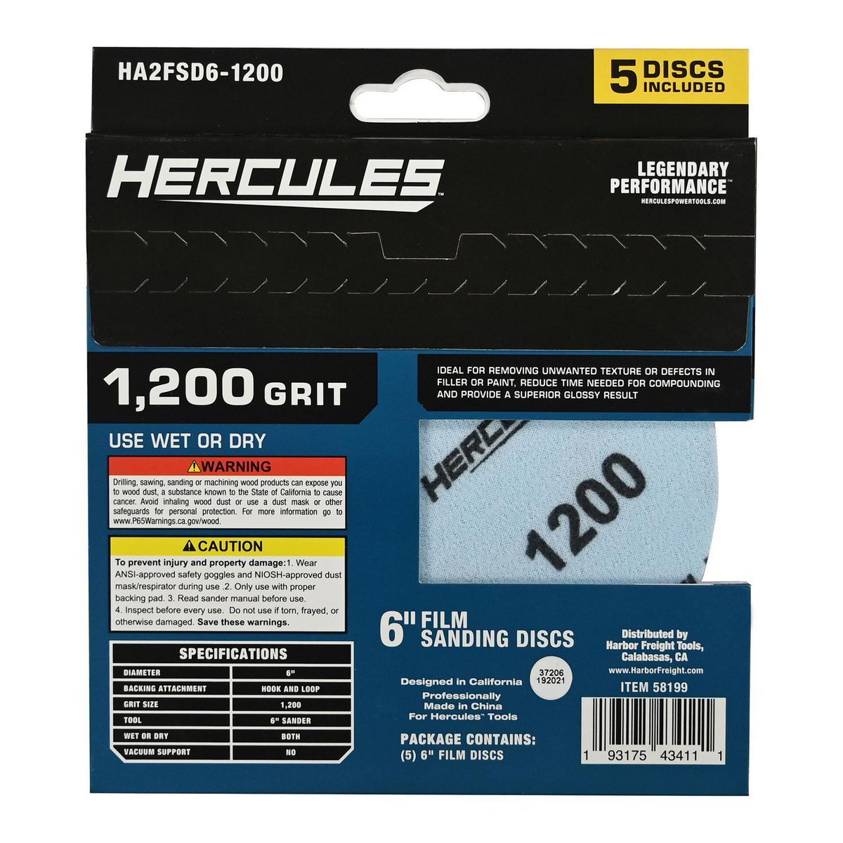 Disco de lija de película de gancho y presilla Hercules de 6 pulgadas y 1200 Grit, paquete de 5 - 58199