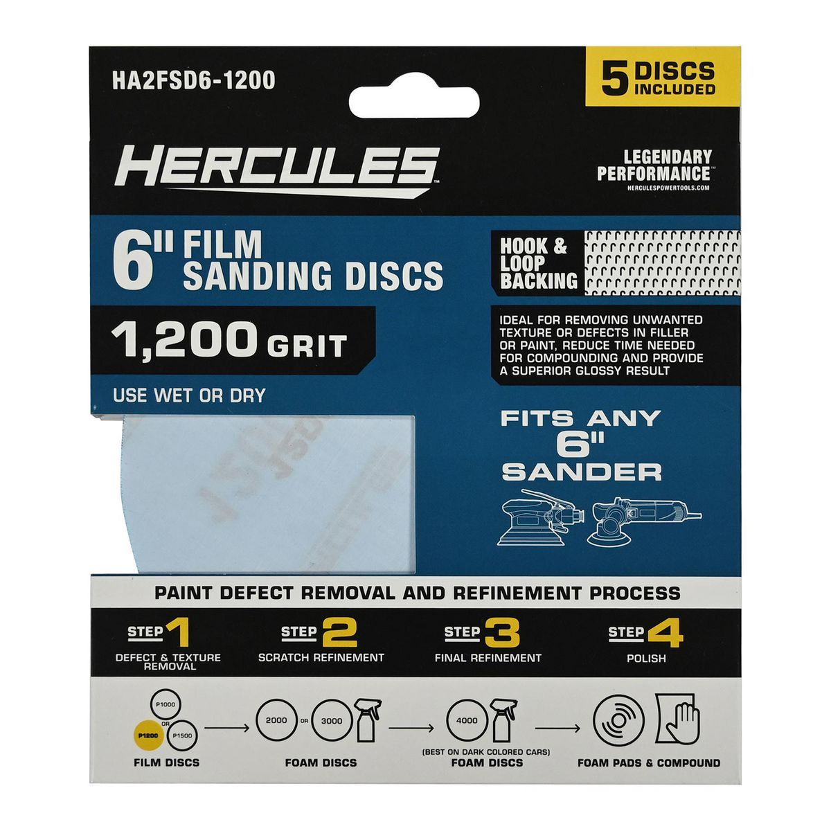 Disco de lija de película de gancho y presilla Hercules de 6 pulgadas y 1200 Grit, paquete de 5 - 58199