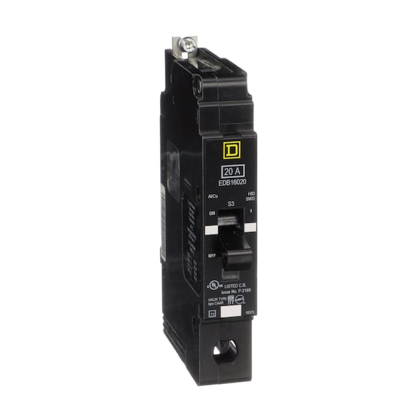 Square D Miniature Circuit Breaker, EDB Series, 20A, 1 Pole, 347/600V AC, 25kA at 120V AC - EDB16020