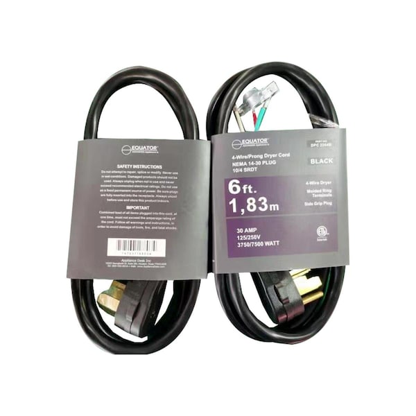 Equator Advanced Appliances Equator 30A 6 ft 4-Prong Dryer Power Cord Black - 4-Wire Dryer