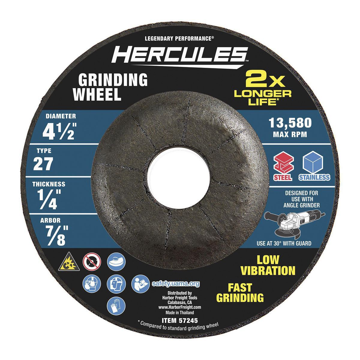 Hércules 4-1/2 pulgadas x 1/4 pulgadas x 7/8 pulgadas Rueda de esmerilado de metal Tipo 27 - 57245