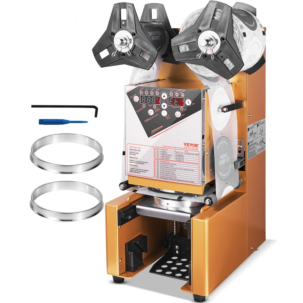 VEVOR Fully Automatic Cup Sealing Machine, 500-650 Cups/H, Cup Sealer Machine for 190 mm Tall & 90/95 mm Cup, Electric Boba Tea Sealer with Digital Control LCD Panel for Bubble Milk Tea Coffee, Gold - QZDNCFKJBSQZBGU40V1