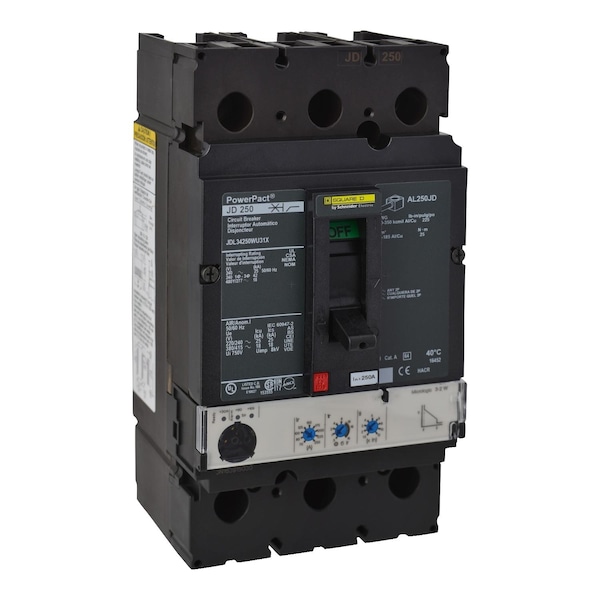 Square D Molded Case Circuit Breaker, JDL Series, 250A, 3 Pole, 277/480V AC, 25kA at 240V AC - JDL34250WU31X