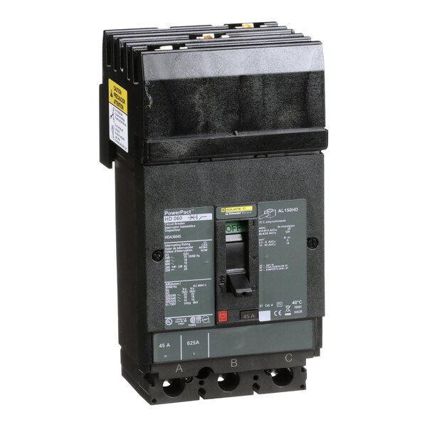 Square D Molded Case Circuit Breaker, HDA Series, 45A, 3 Pole, 600V AC, 25kA at 240V AC - HDA36045