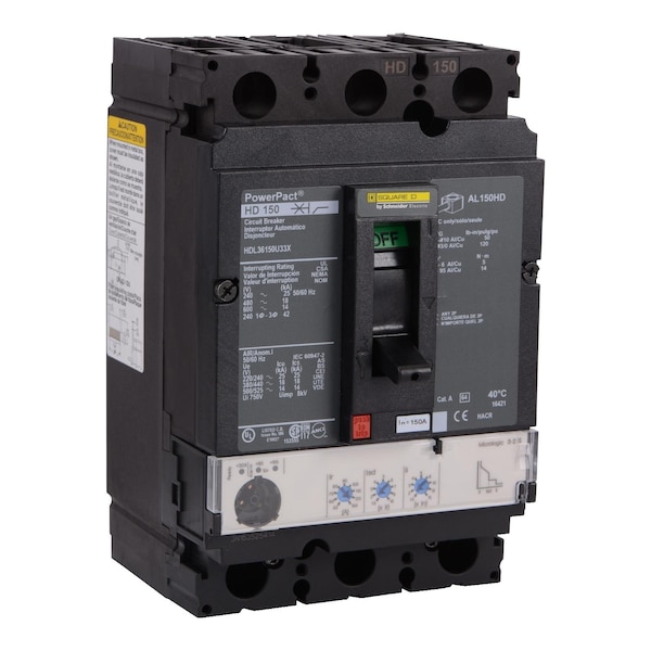 Square D Molded Case Circuit Breaker, HDL Series, 150A, 3 Pole, 600V AC, 25kA at 240V AC - HDL36150CU33X