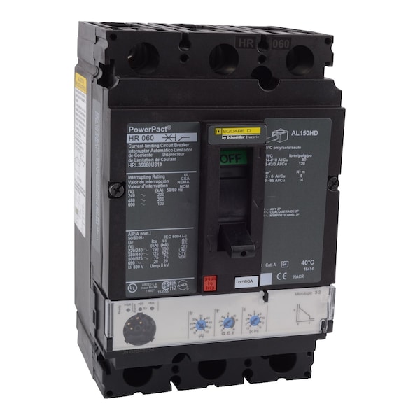 Square D Molded Case Circuit Breaker, HRA Series, 60A, 3 Pole, 600V AC, 200kA at 240V AC - HRL36060U31X