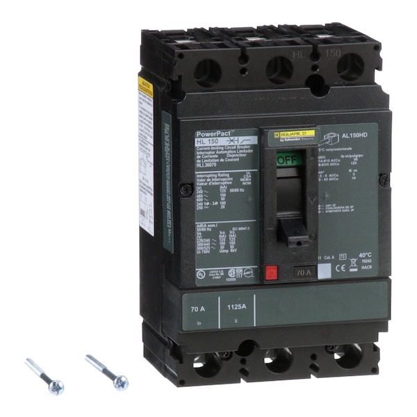Square D Molded Case Circuit Breaker, HLL Series, 70A, 3 Pole, 600V AC, 125kA at 240V AC - HLL36070