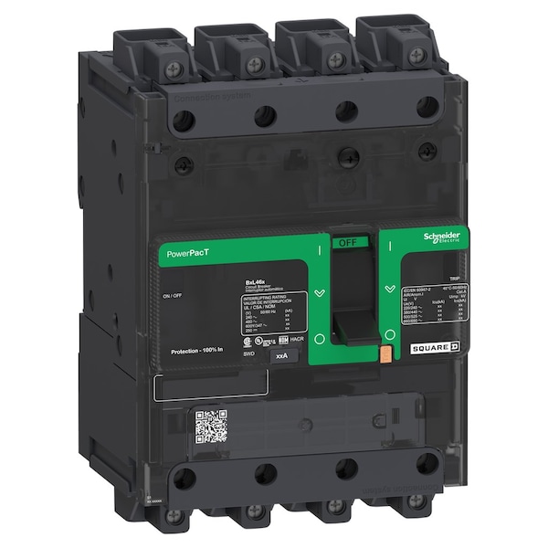 Schneider Electric Molded Case Circuit Breaker, BDA Series, 100A, 4 Pole, 347/600V AC, 25kA at 240V AC, B Curve - BDL46100