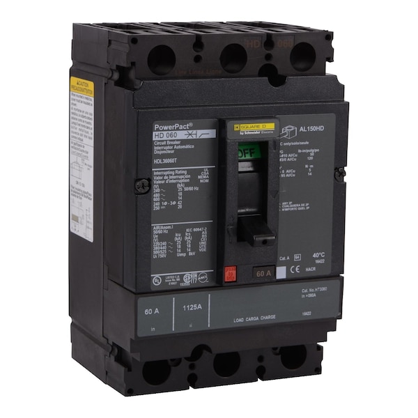 Square D Molded Case Circuit Breaker, HDL Series, 60A, 3 Pole, 600V AC, 25kA at 240V AC - HDL36060CU31X