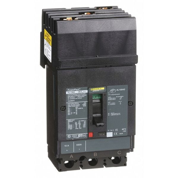 Square D Molded Case Circuit Breaker, HJA Series, 15A, 3 Pole, 600V AC, 100kA at 240V AC - HJA36015