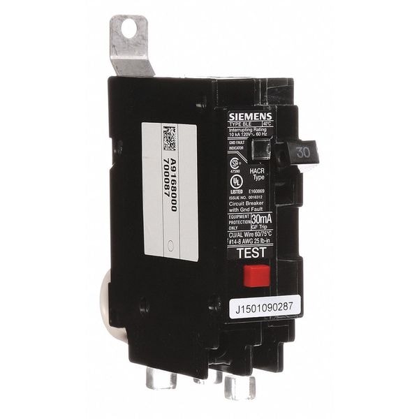 Siemens Miniature Circuit Breaker, BLE Series, 30A, 1 Pole, 120V AC, 10kA at 120V AC - BE130