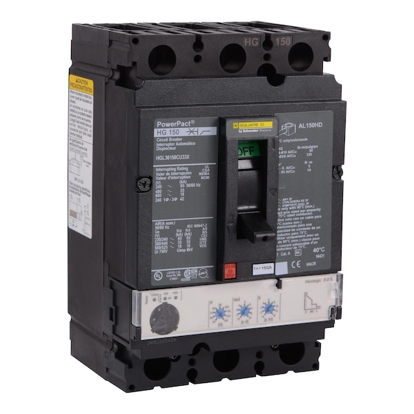 Square D Molded Case Circuit Breaker, HGL Series, 150A, 3 Pole, 600V AC, 65kA at 240V AC - HGL36150CU33X